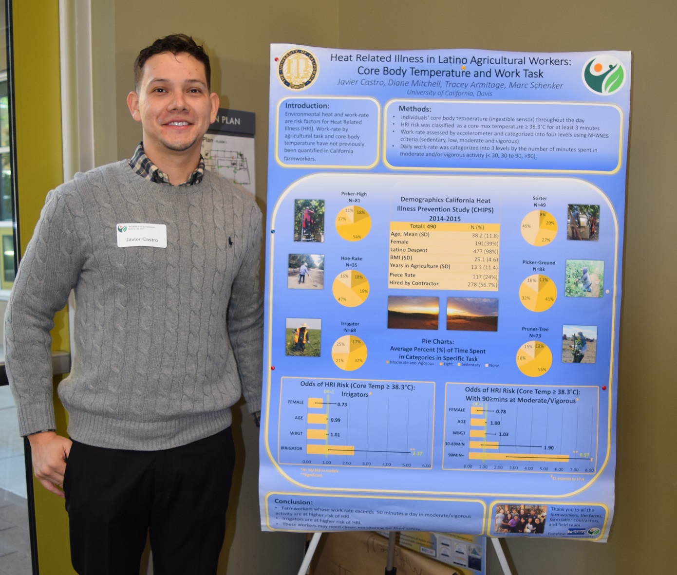 Javier Castro stands next to his heat illness research poster