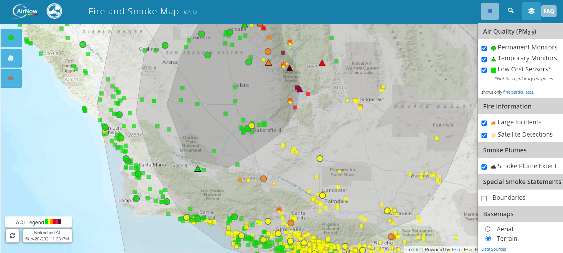 Screen capture of Fire And Smoke Map from AirNow.gov
