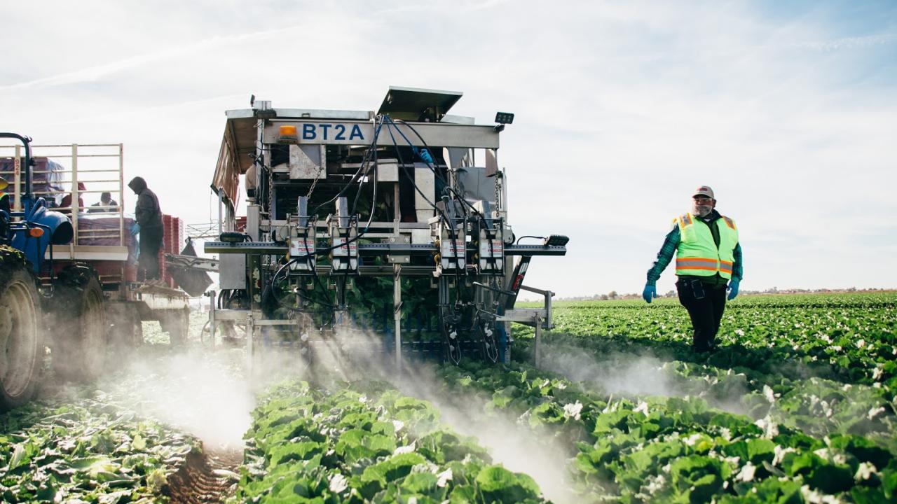 Farmworker monitors an irrigation machine in a field