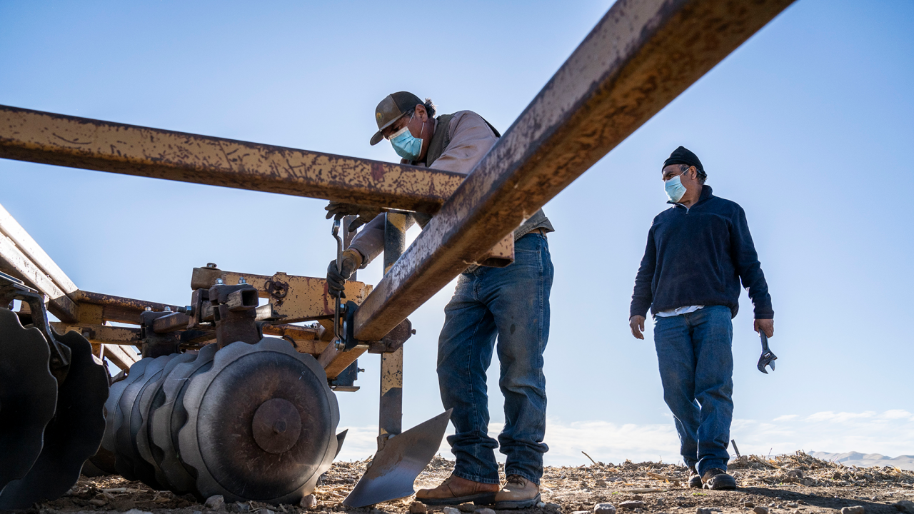 Two farmworkers wearing masks work on a piece of equipment