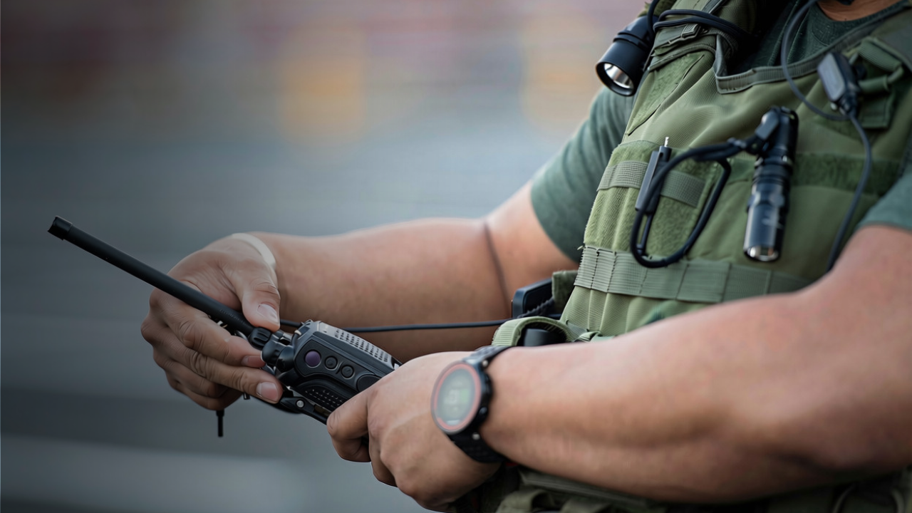 Officer torso holding radio, wearing green tactical vest, wristwatch and keys