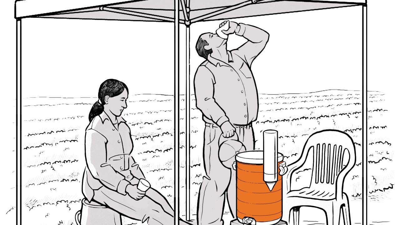 Illustration of farmworkers under a shade structure resting and drinking water