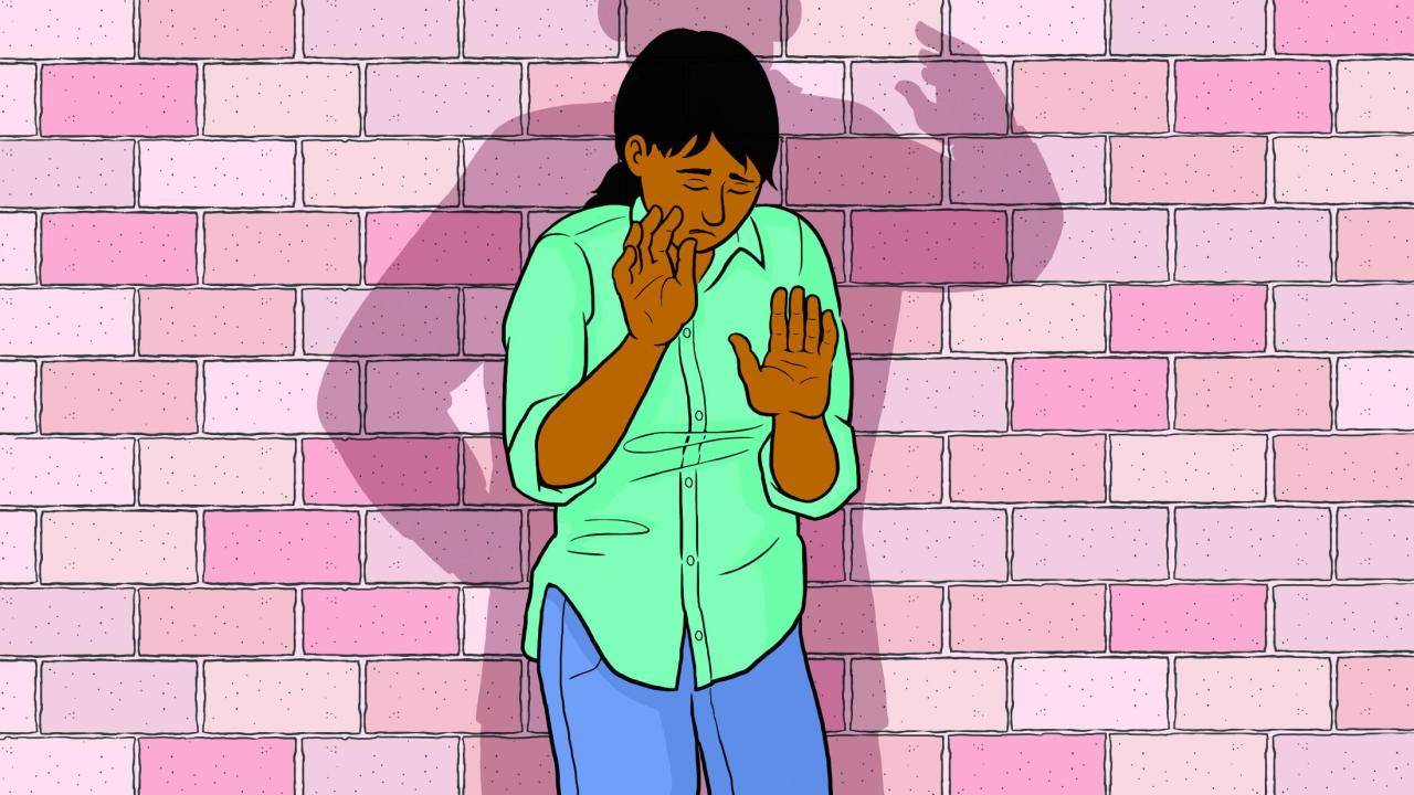 Illustration of woman up against a brick wall with the shadow of a man over her