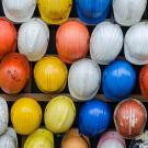Colorful collection of construction safety helmets