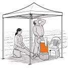 Illustration of farmworkers under a shade structure resting and drinking water