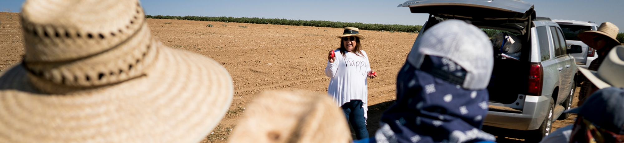 A person trains farmworkers in the field